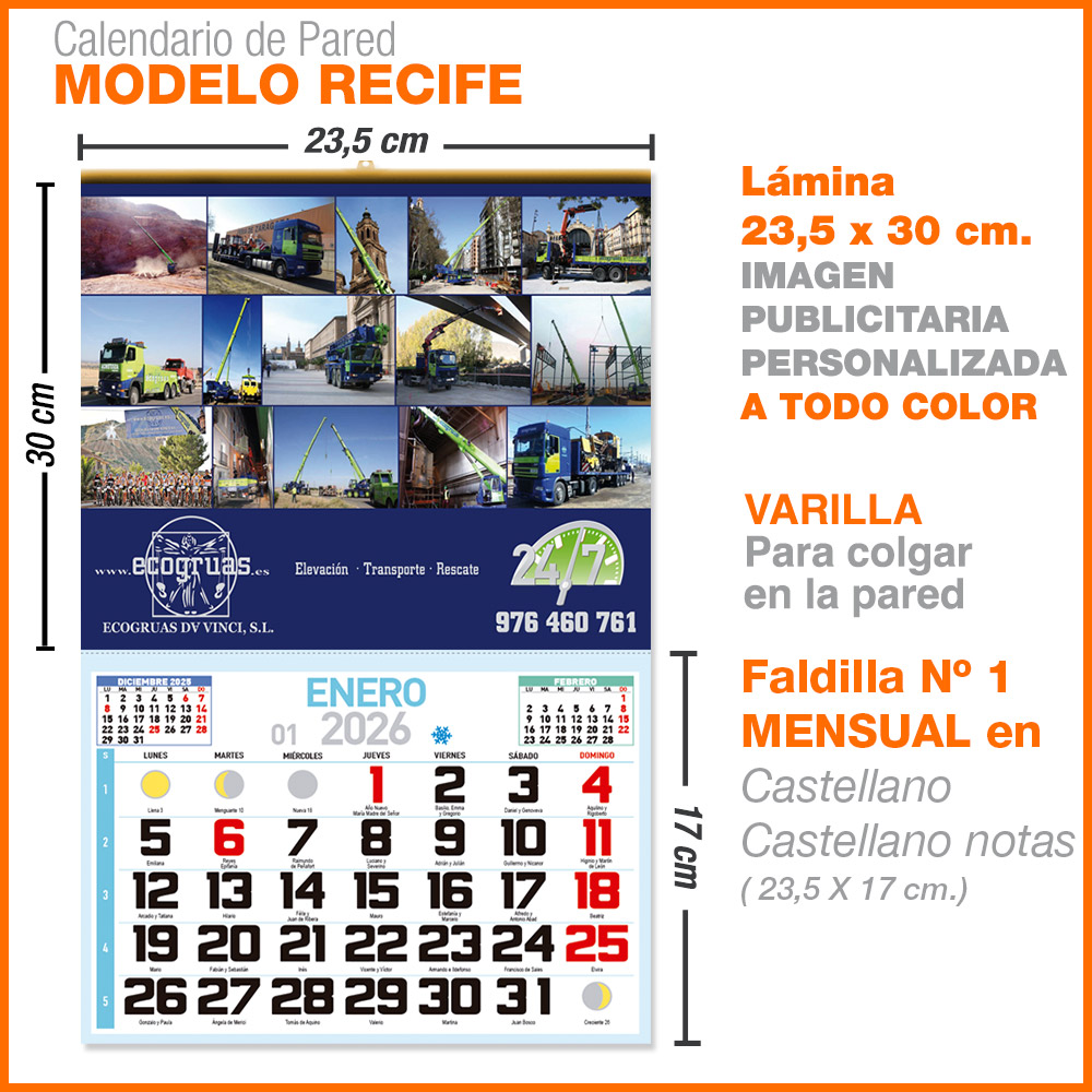 Modelo Recife · Lámina con faldilla mensual de 23,5 cm.