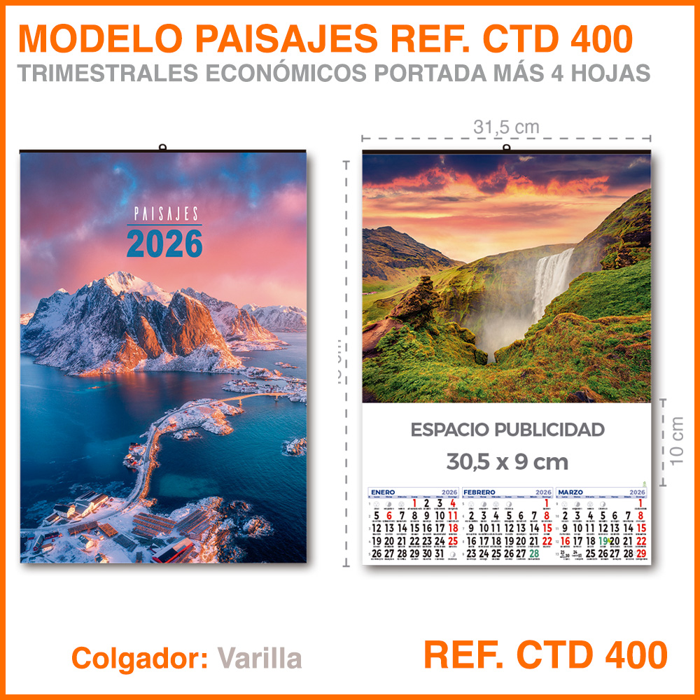 Calendario Trimestral · Modelo PAISAJES - REF. CTD 400